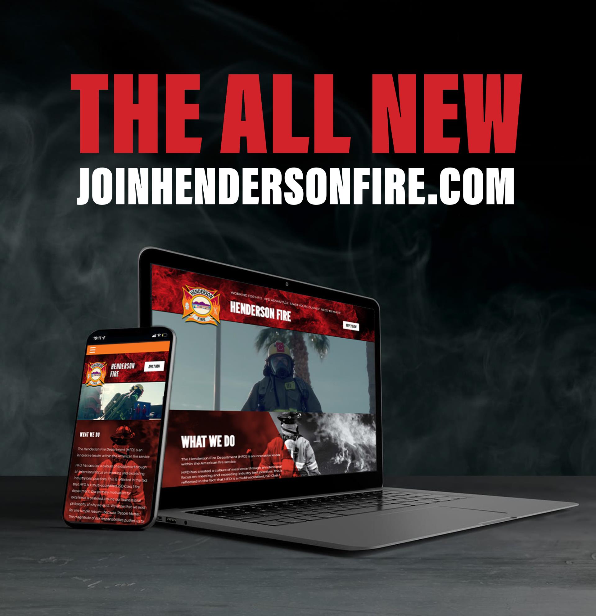 Laptop and phone with JoinHendersonFire.com website displayed on screens on a dark background.